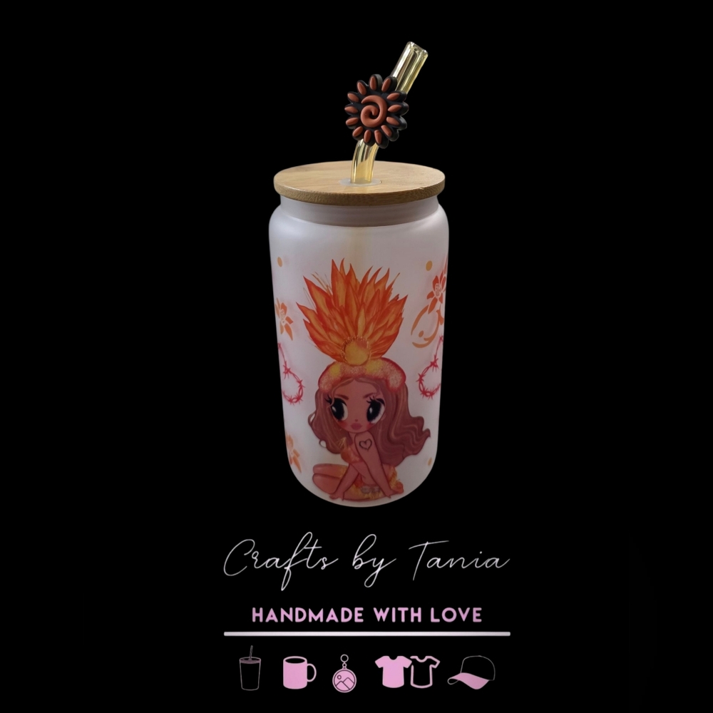 Handmade Frosted Glass Tumbler with Straw (Karol G Tropicoqueta)